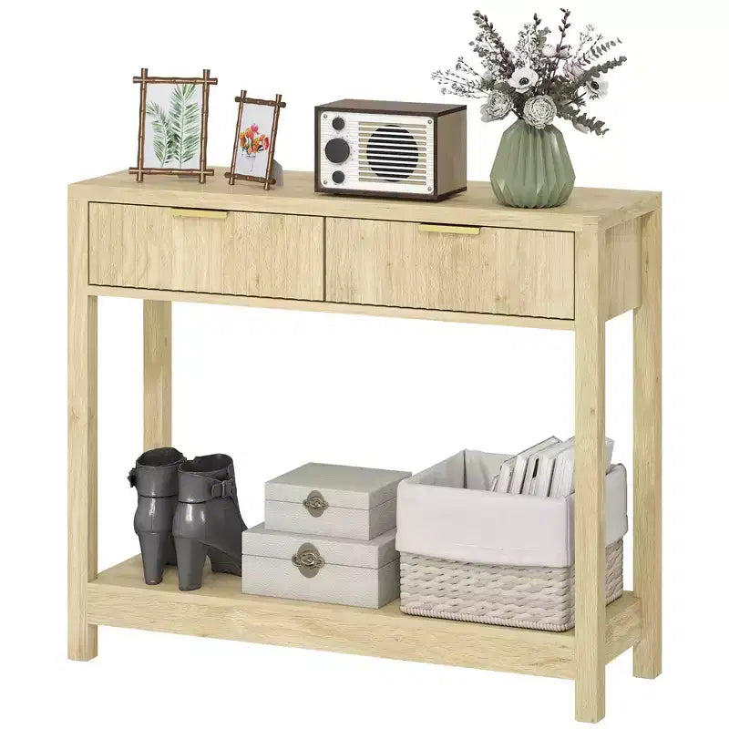 Console moderne de 35 pouces avec rangement, table de couloir étroite avec tiroirs à panneaux cannelés et étagère pour le salon, naturelle