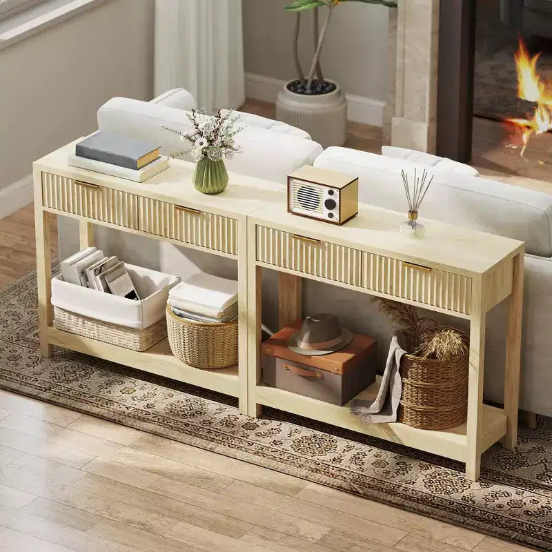 Console moderne de 35 pouces avec rangement, table de couloir étroite avec tiroirs à panneaux cannelés et étagère pour le salon, naturelle