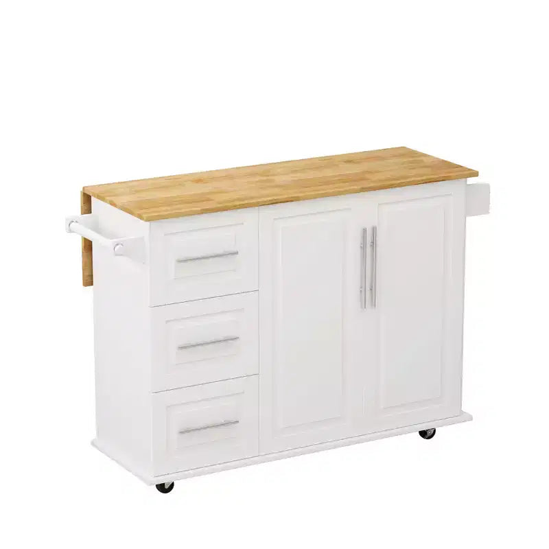 Îlot de cuisine moderne avec plan de travail et tiroirs rabattables, desserte de cuisine roulante mobile avec étagères, meuble de rangement, table à manger pliante.