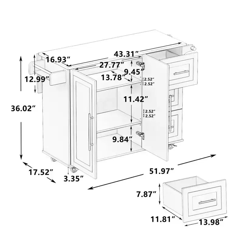 Îlot de cuisine moderne avec plan de travail et tiroirs rabattables, desserte de cuisine roulante mobile avec étagères, meuble de rangement, table à manger pliante.