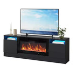 Modern TV stand with LED lighting, featuring storage cabinets and shelves, suitable for bedrooms and living rooms.