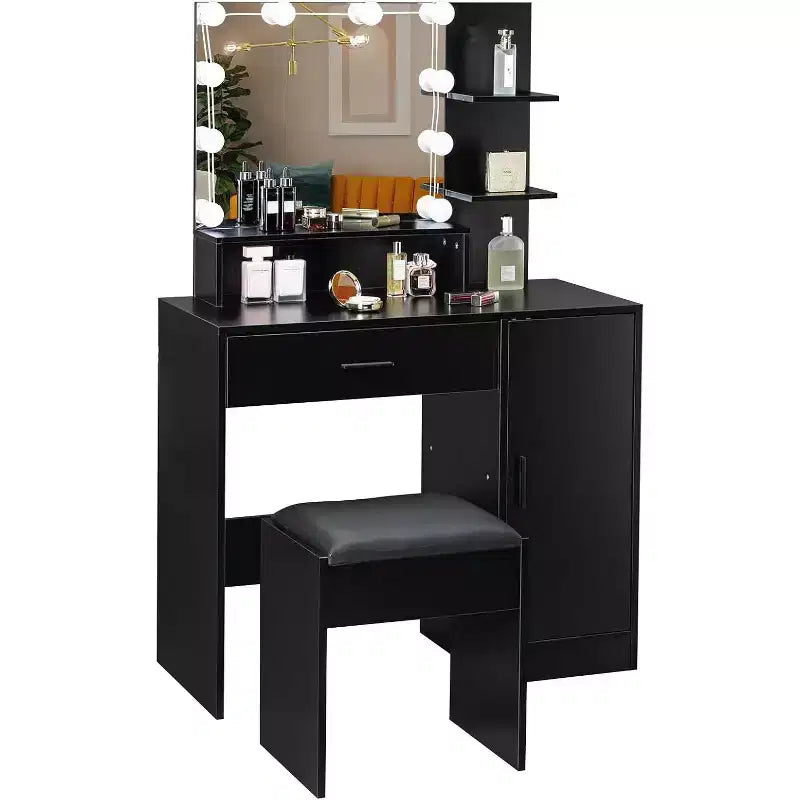 avec miroir et lumières, coiffeuse avec tiroirs et tabouret pour chambre à coucher, noire