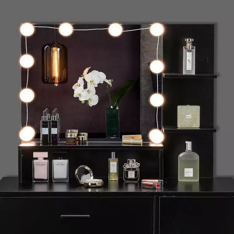 avec miroir et lumières, coiffeuse avec tiroirs et tabouret pour chambre à coucher, noire