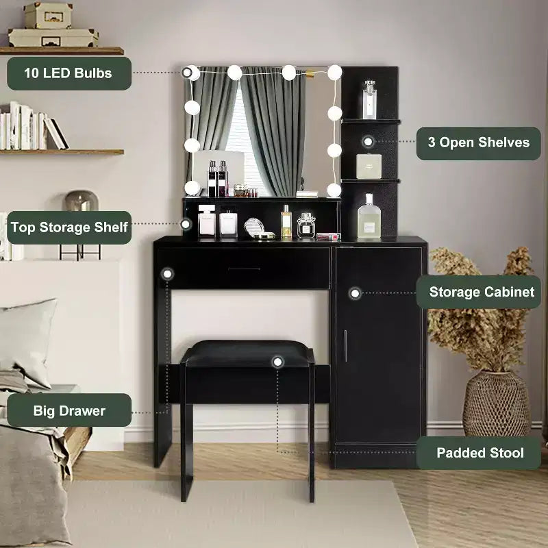 avec miroir et lumières, coiffeuse avec tiroirs et tabouret pour chambre à coucher, noire