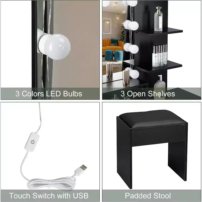 avec miroir et lumières, coiffeuse avec tiroirs et tabouret pour chambre à coucher, noire
