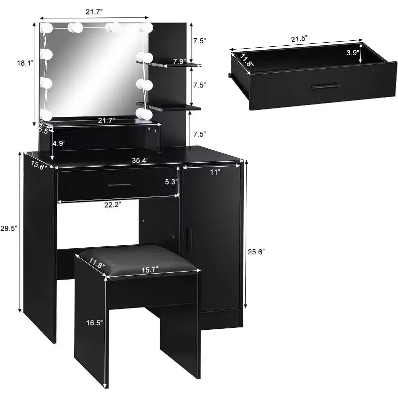 avec miroir et lumières, coiffeuse avec tiroirs et tabouret pour chambre à coucher, noire