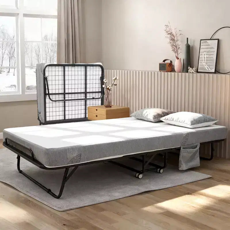 avec matelas, lit portable pliable sur roulettes avec poche de rangement latérale pour bureau, chambre à coucher, gain de place, rangement facile