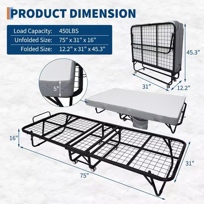 avec matelas, lit portable pliable sur roulettes avec poche de rangement latérale pour bureau, chambre à coucher, gain de place, rangement facile