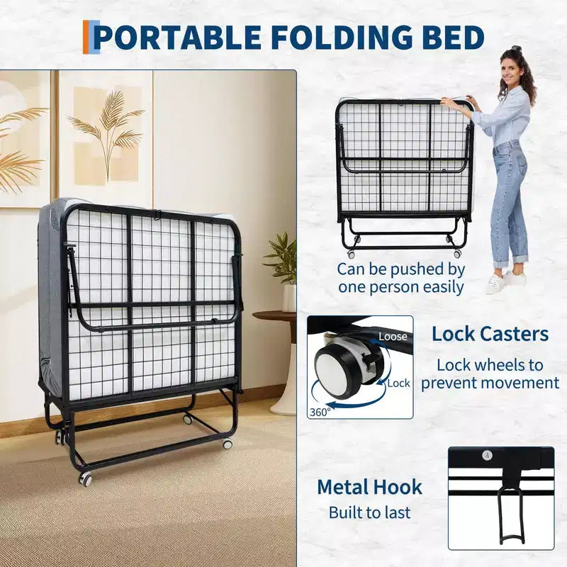 avec matelas, lit portable pliable sur roulettes avec poche de rangement latérale pour bureau, chambre à coucher, gain de place, rangement facile