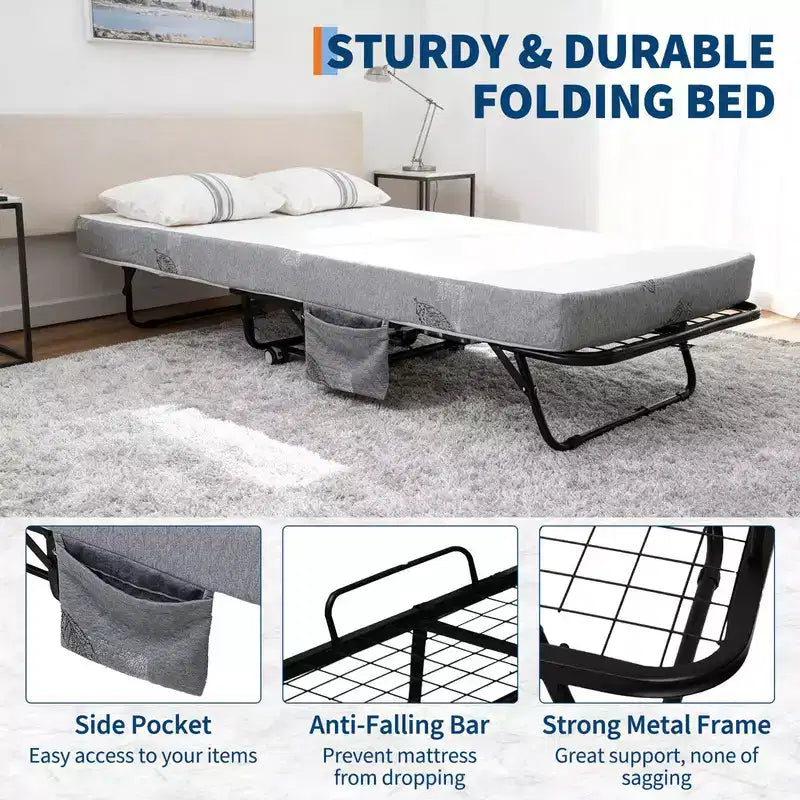 avec matelas, lit portable pliable sur roulettes avec poche de rangement latérale pour bureau, chambre à coucher, gain de place, rangement facile
