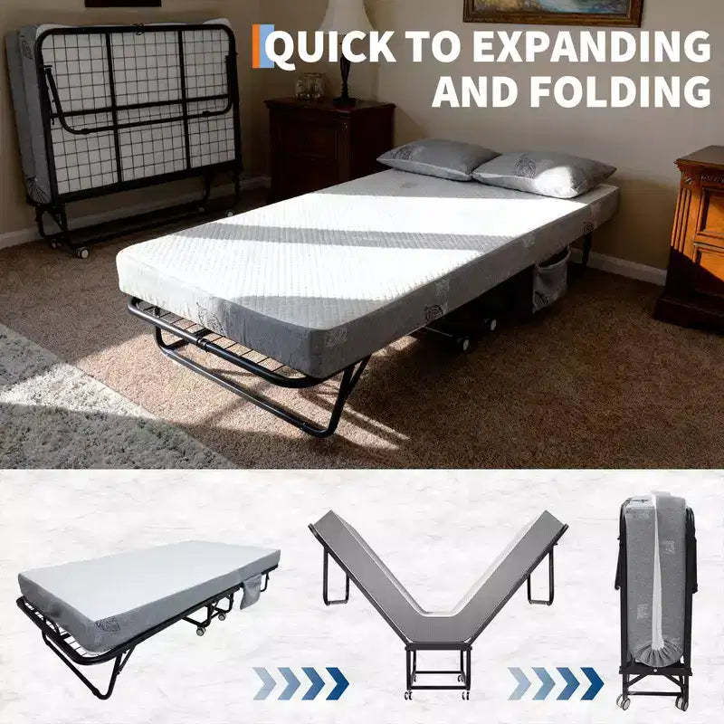 avec matelas, lit portable pliable sur roulettes avec poche de rangement latérale pour bureau, chambre à coucher, gain de place, rangement facile