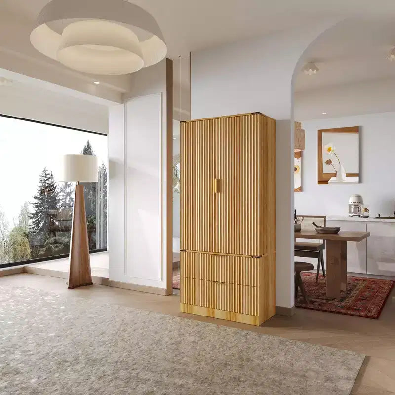 Armoire de cuisine en bois - Meuble de rangement avec étagères réglables et tiroirs, finition magnétique ton bois