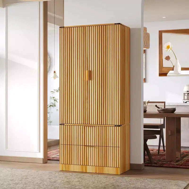 Armoire de cuisine en bois - Meuble de rangement avec étagères réglables et tiroirs, finition magnétique ton bois