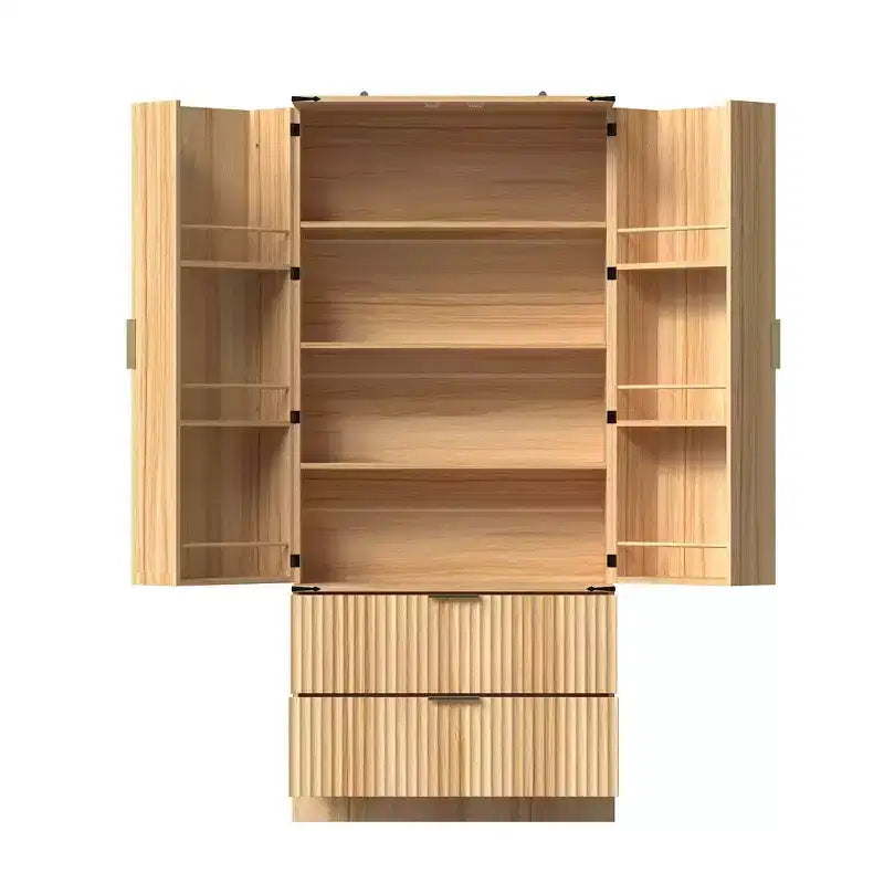 Armoire de cuisine en bois - Meuble de rangement avec étagères réglables et tiroirs, finition magnétique ton bois