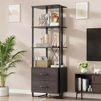 3 Tier Bookshelf, Book Shelf Storage Organizer, Wood Bookcase with 2 Drawers, Industrial Display Standing Shelf for Office Bedroom Living Room, Brown