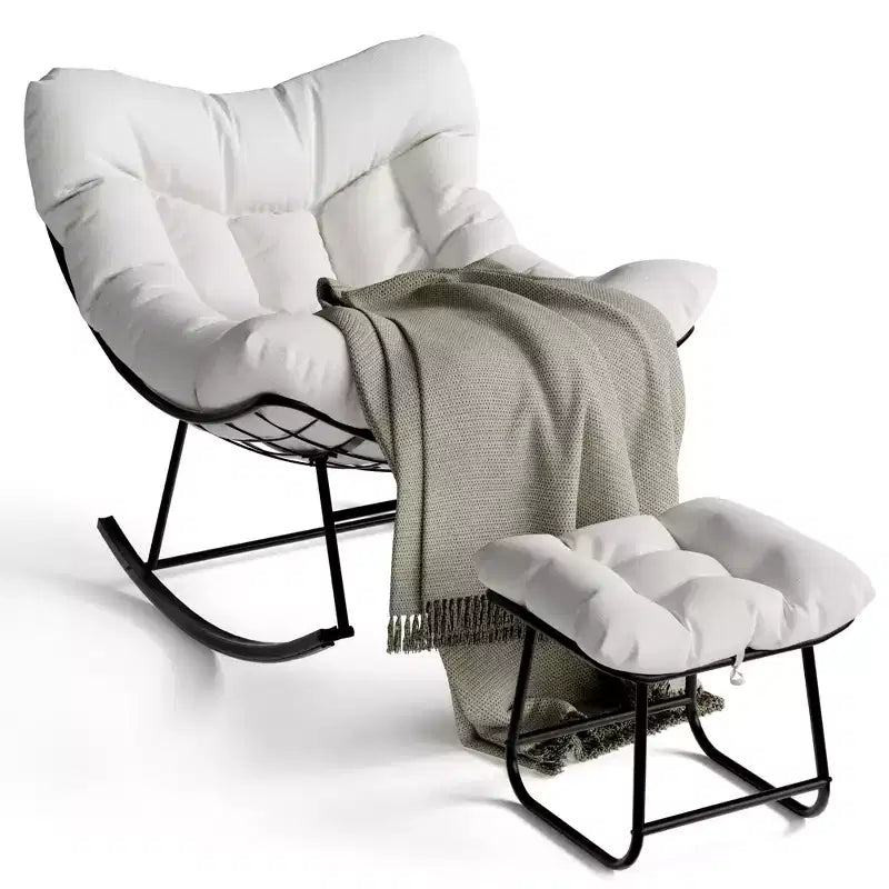 Grand fauteuil de salon avec repose-pieds, chaise berçante Papasan d'extérieur avec pouf et cadre en métal robuste, chaise berçante en rotin en forme d'œuf pour patio