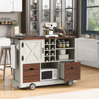 Un meuble de rangement de comptoir avec plateau rabattable et prise de courant, doté de deux portes et de deux tiroirs ; un chariot de cuisine convenant aux cuisines et aux salles à manger.