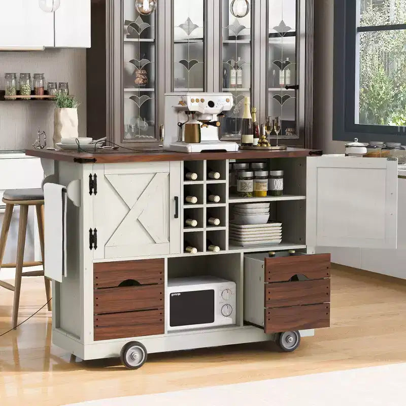 Un meuble de rangement de comptoir avec plateau rabattable et prise de courant, doté de deux portes et de deux tiroirs ; un chariot de cuisine convenant aux cuisines et aux salles à manger.