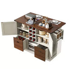 Un meuble de rangement de comptoir avec plateau rabattable et prise de courant, doté de deux portes et de deux tiroirs ; un chariot de cuisine convenant aux cuisines et aux salles à manger.