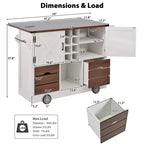 Un meuble de rangement de comptoir avec plateau rabattable et prise de courant, doté de deux portes et de deux tiroirs ; un chariot de cuisine convenant aux cuisines et aux salles à manger.