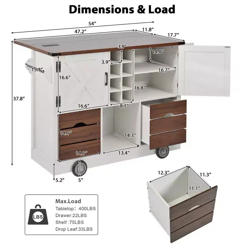Un meuble de rangement de comptoir avec plateau rabattable et prise de courant, doté de deux portes et de deux tiroirs ; un chariot de cuisine convenant aux cuisines et aux salles à manger.