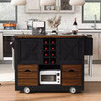 Un meuble de rangement de comptoir avec plateau rabattable et prise de courant, doté de deux portes et de deux tiroirs ; un chariot de cuisine convenant aux cuisines et aux salles à manger.