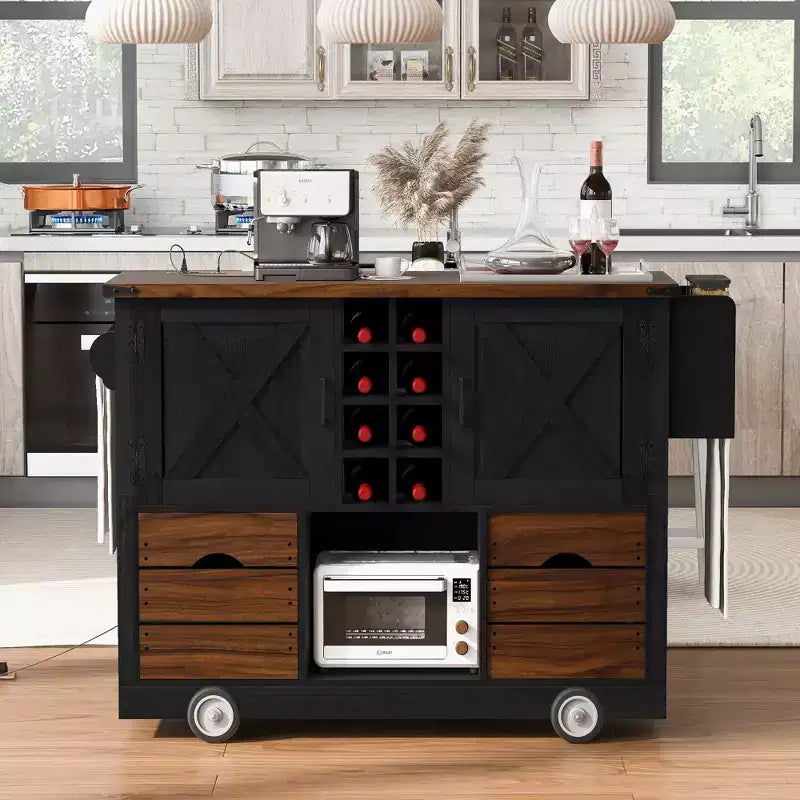 Un meuble de rangement de comptoir avec plateau rabattable et prise de courant, doté de deux portes et de deux tiroirs ; un chariot de cuisine convenant aux cuisines et aux salles à manger.