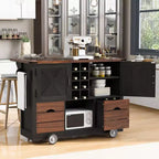 Un meuble de rangement de comptoir avec plateau rabattable et prise de courant, doté de deux portes et de deux tiroirs ; un chariot de cuisine convenant aux cuisines et aux salles à manger.