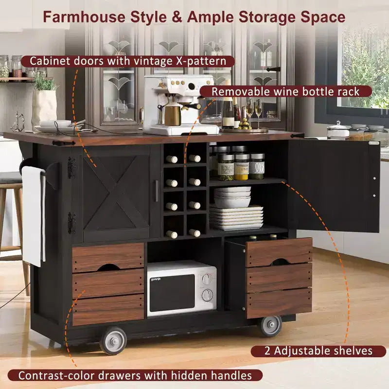 Un meuble de rangement de comptoir avec plateau rabattable et prise de courant, doté de deux portes et de deux tiroirs ; un chariot de cuisine convenant aux cuisines et aux salles à manger.