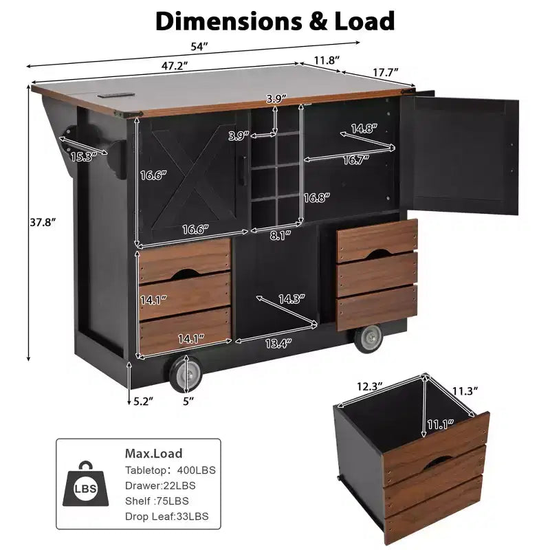 Un meuble de rangement de comptoir avec plateau rabattable et prise de courant, doté de deux portes et de deux tiroirs ; un chariot de cuisine convenant aux cuisines et aux salles à manger.