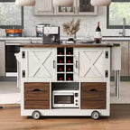 Un meuble de rangement de comptoir avec plateau rabattable et prise de courant, doté de deux portes et de deux tiroirs ; un chariot de cuisine convenant aux cuisines et aux salles à manger.