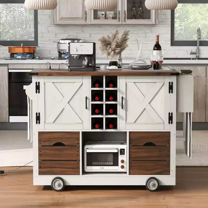 Un meuble de rangement de comptoir avec plateau rabattable et prise de courant, doté de deux portes et de deux tiroirs ; un chariot de cuisine convenant aux cuisines et aux salles à manger.