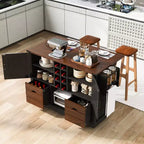 Un meuble de rangement de comptoir avec plateau rabattable et prise de courant, doté de deux portes et de deux tiroirs ; un chariot de cuisine convenant aux cuisines et aux salles à manger.
