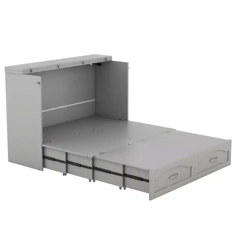 Lit escamotable mural Queen Size avec tiroirs de rangement, Armoire-lit escamotable en bois avec prises et ports USB, Conception à structure de poulie