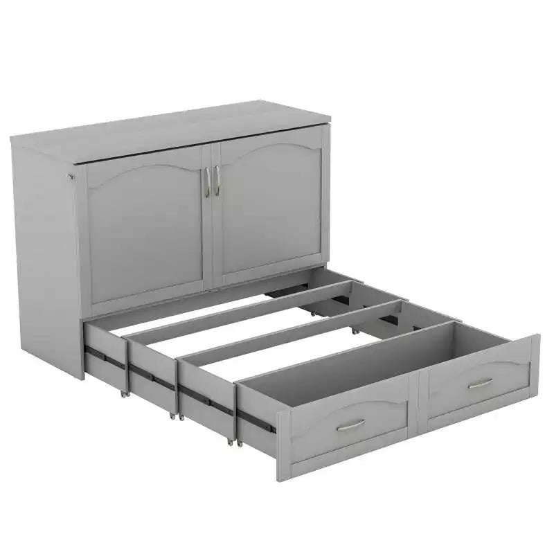 Lit escamotable mural Queen Size avec tiroirs de rangement, Armoire-lit escamotable en bois avec prises et ports USB, Conception à structure de poulie
