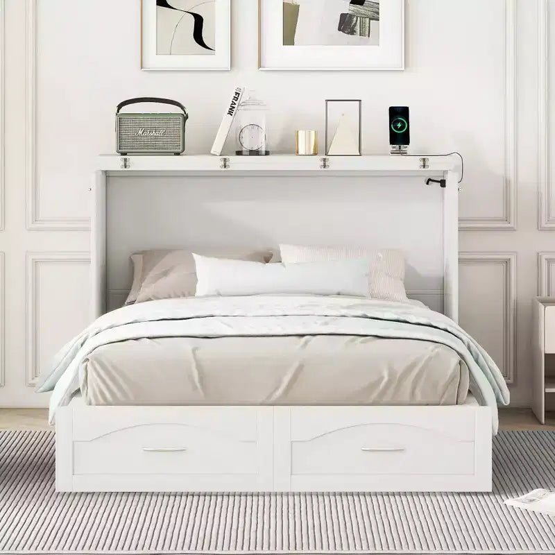 Lit escamotable mural Queen Size avec tiroirs de rangement, Armoire-lit escamotable en bois avec prises et ports USB, Conception à structure de poulie
