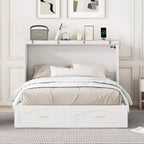 Lit escamotable mural Queen Size avec tiroirs de rangement, Armoire-lit escamotable en bois avec prises et ports USB, Conception à structure de poulie