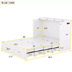 Lit escamotable mural Queen Size avec tiroirs de rangement, Armoire-lit escamotable en bois avec prises et ports USB, Conception à structure de poulie