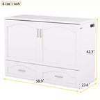 Lit escamotable mural Queen Size avec tiroirs de rangement, Armoire-lit escamotable en bois avec prises et ports USB, Conception à structure de poulie