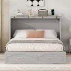 Lit escamotable mural Queen Size avec tiroirs de rangement, Armoire-lit escamotable en bois avec prises et ports USB, Conception à structure de poulie