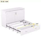 Lit escamotable mural Queen Size avec tiroirs de rangement, Armoire-lit escamotable en bois avec prises et ports USB, Conception à structure de poulie