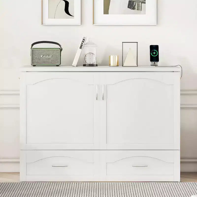 Lit escamotable mural Queen Size avec tiroirs de rangement, Armoire-lit escamotable en bois avec prises et ports USB, Conception à structure de poulie