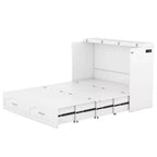 Lit escamotable mural Queen Size avec tiroirs de rangement, Armoire-lit escamotable en bois avec prises et ports USB, Conception à structure de poulie