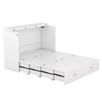 Lit escamotable mural Queen Size avec tiroirs de rangement, Armoire-lit escamotable en bois avec prises et ports USB, Conception à structure de poulie