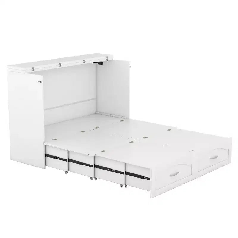 Lit escamotable mural Queen Size avec tiroirs de rangement, Armoire-lit escamotable en bois avec prises et ports USB, Conception à structure de poulie