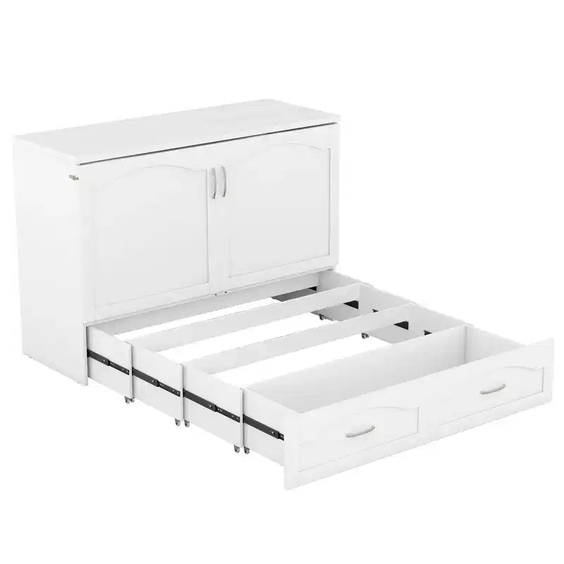 Lit escamotable mural Queen Size avec tiroirs de rangement, Armoire-lit escamotable en bois avec prises et ports USB, Conception à structure de poulie