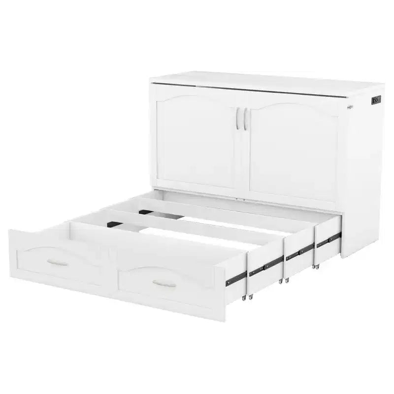 Lit escamotable mural Queen Size avec tiroirs de rangement, Armoire-lit escamotable en bois avec prises et ports USB, Conception à structure de poulie
