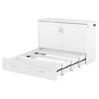 Lit escamotable mural Queen Size avec tiroirs de rangement, Armoire-lit escamotable en bois avec prises et ports USB, Conception à structure de poulie