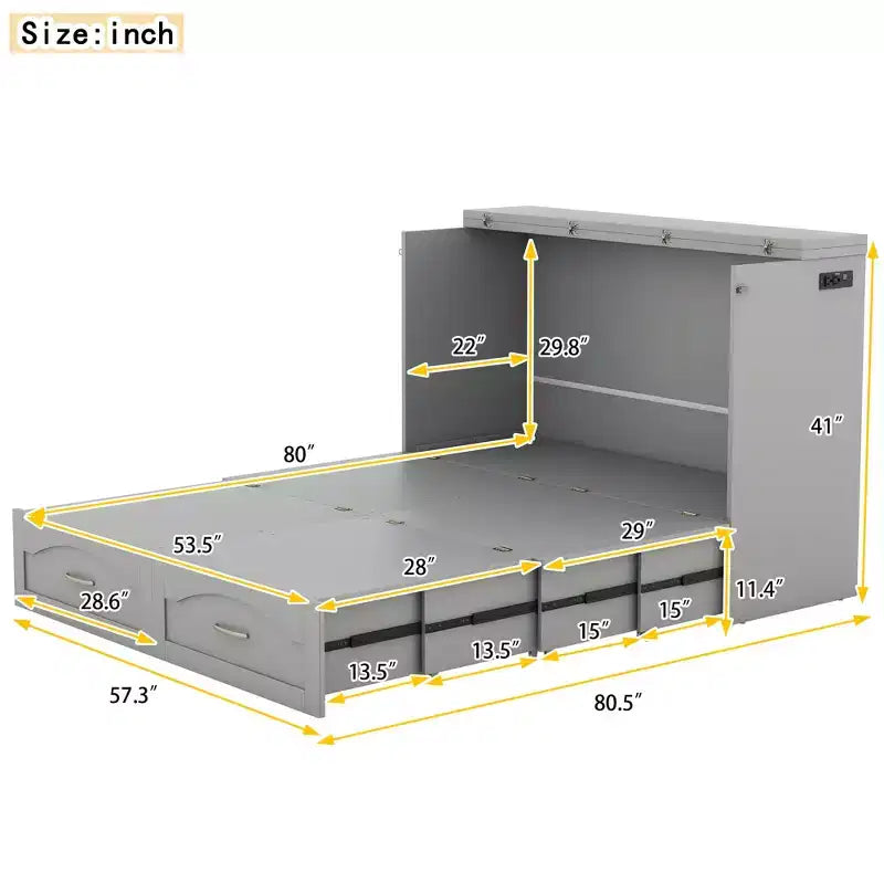 Lit escamotable mural Queen Size avec tiroirs de rangement, Armoire-lit escamotable en bois avec prises et ports USB, Conception à structure de poulie
