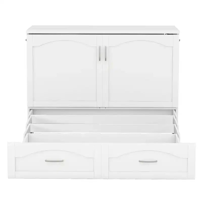 Lit escamotable mural Queen Size avec tiroirs de rangement, Armoire-lit escamotable en bois avec prises et ports USB, Conception à structure de poulie